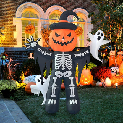 LANGXUN 8ft Skeleton Pumpkin with Ghosts 2025 Halloween Inflatable Decorations - Giant LED-Lit Outdoor Indoor Yard Decor for Lawn, Garden, Patio Holiday Parties
