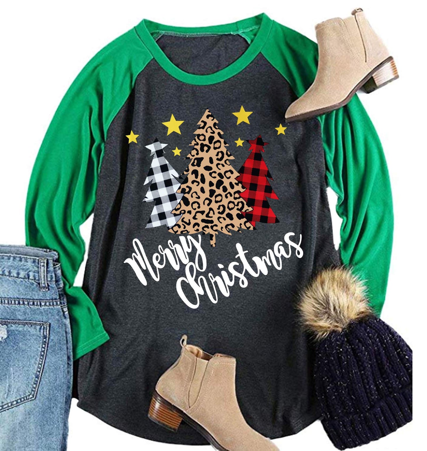 Plus Size Christmas T Shirt Women Xmas Leopard Plaid Trees Print Tees Casual Long Sleeve Holiday Shirts Top