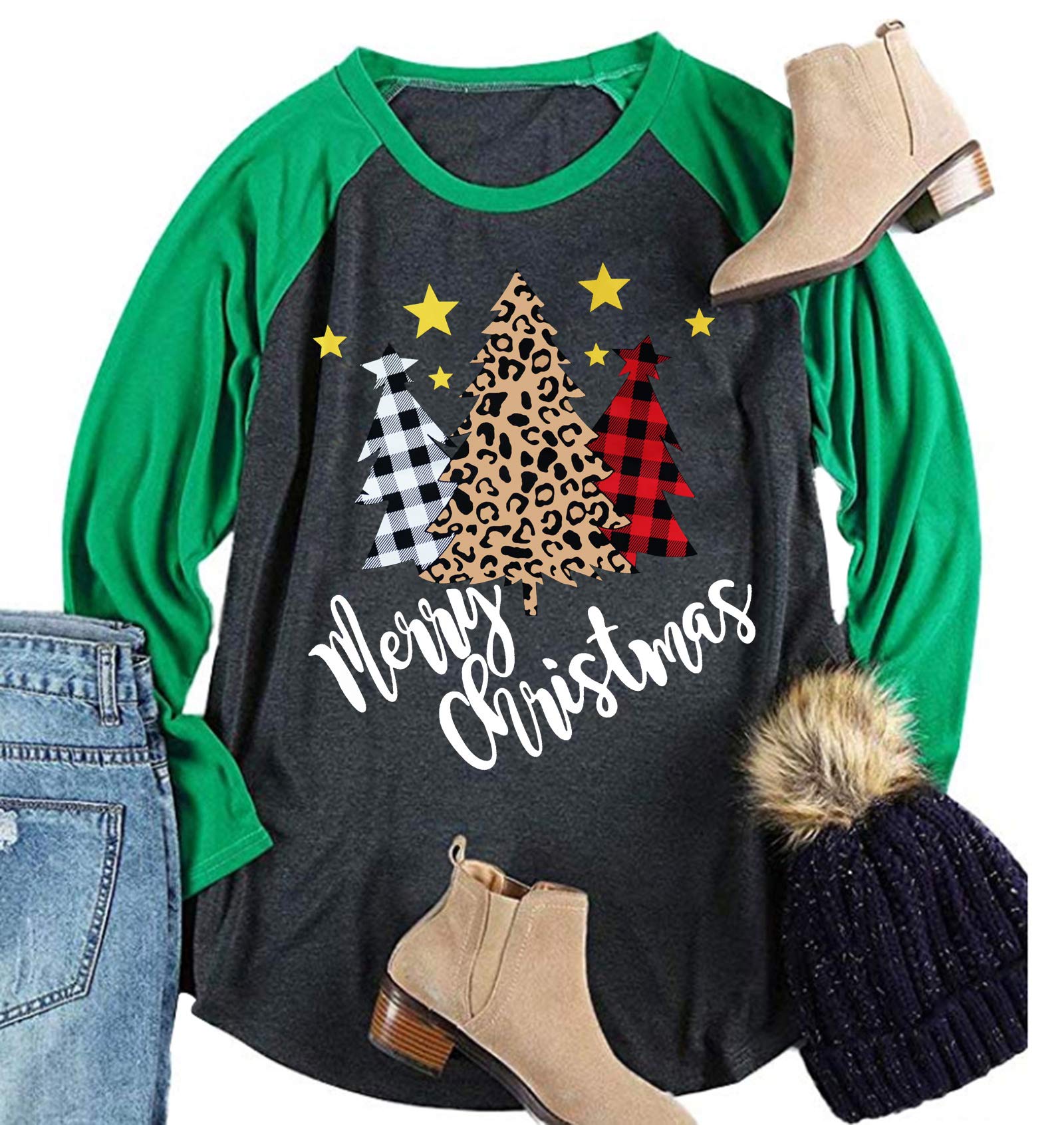 Plus Size Christmas T Shirt Women Xmas Leopard Plaid Trees Print Tees Casual Long Sleeve Holiday Shirts Top
