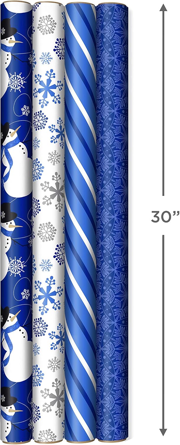 Image Arts Blue Christmas Wrapping Paper with Cut Lines on Reverse (4 Rolls: 120 sq. ft. ttl) Snowmen, Snowflakes, Blue and White Stripes
