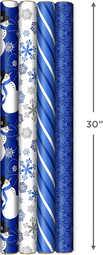 Image Arts Blue Christmas Wrapping Paper with Cut Lines on Reverse (4 Rolls: 120 sq. ft. ttl) Snowmen, Snowflakes, Blue and White Stripes