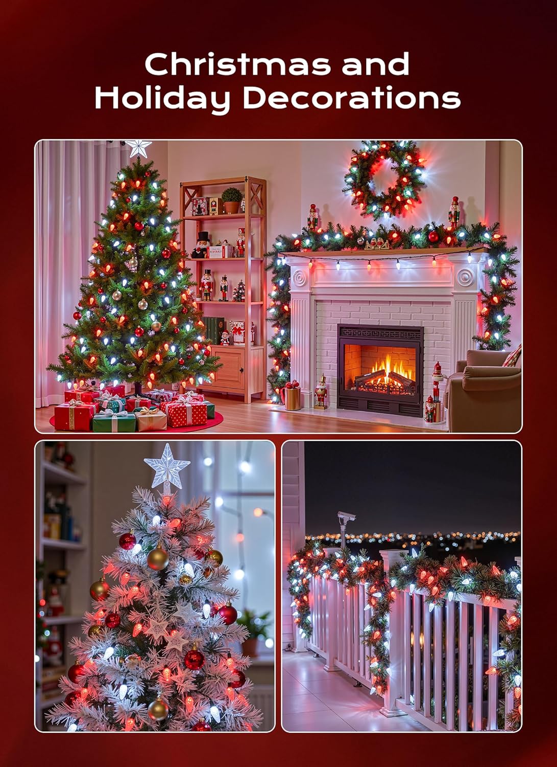 C9 Christmas Lights Outdoor, 66 FT 100 LED Connectable C9 String Lights with 8 Modes and Timer Xmas Tree Patio Roofline Garden Yard Holiday Party Indoor Outdoor Decoration, Red and White