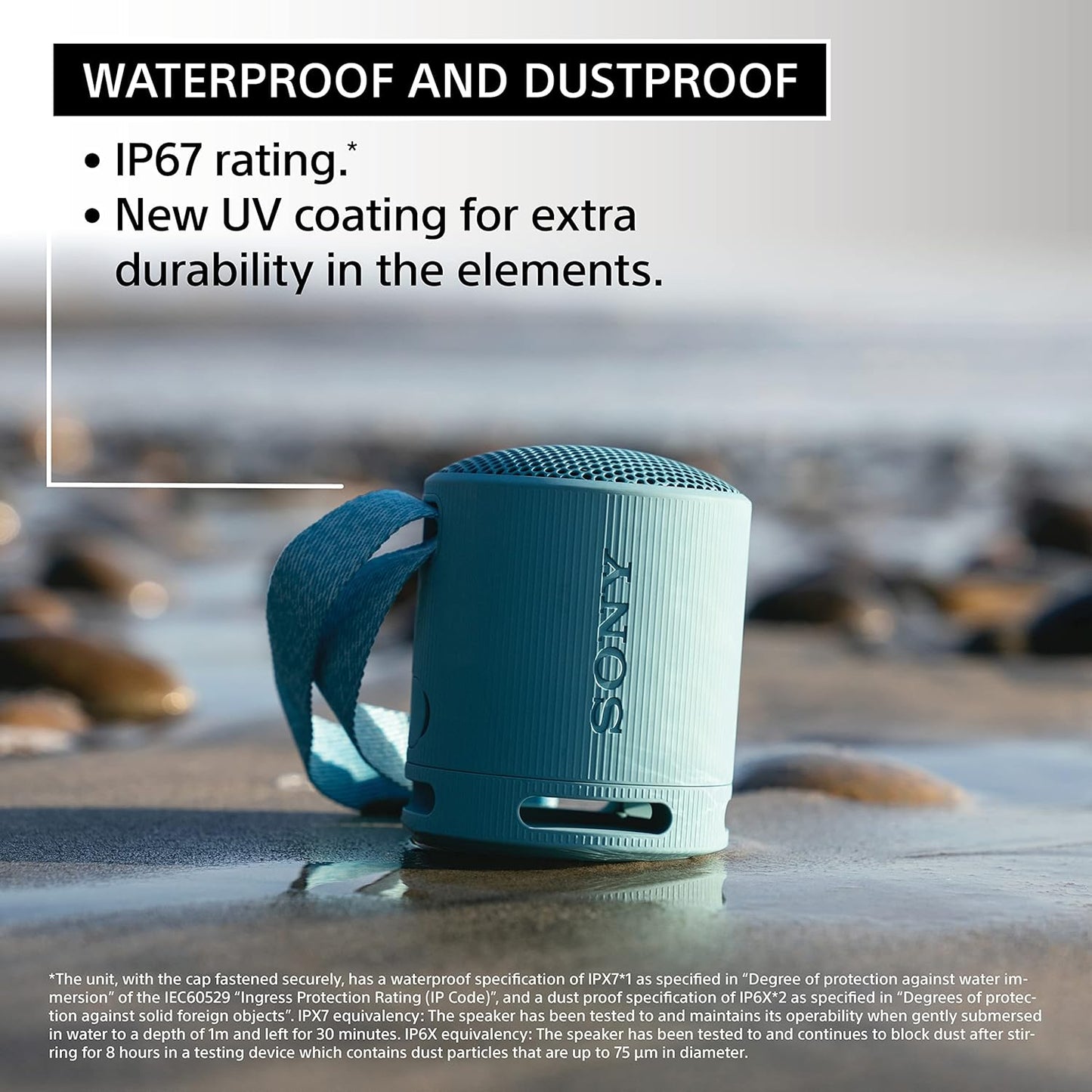 Sony SRS-XB100 Wireless Bluetooth Portable Lightweight Super-Compact Travel Speaker, Durable IP67 Waterproof & Dustproof Shower Speaker, 16 Hour Battery, Versatile Strap, & Hands-free Calling, Black