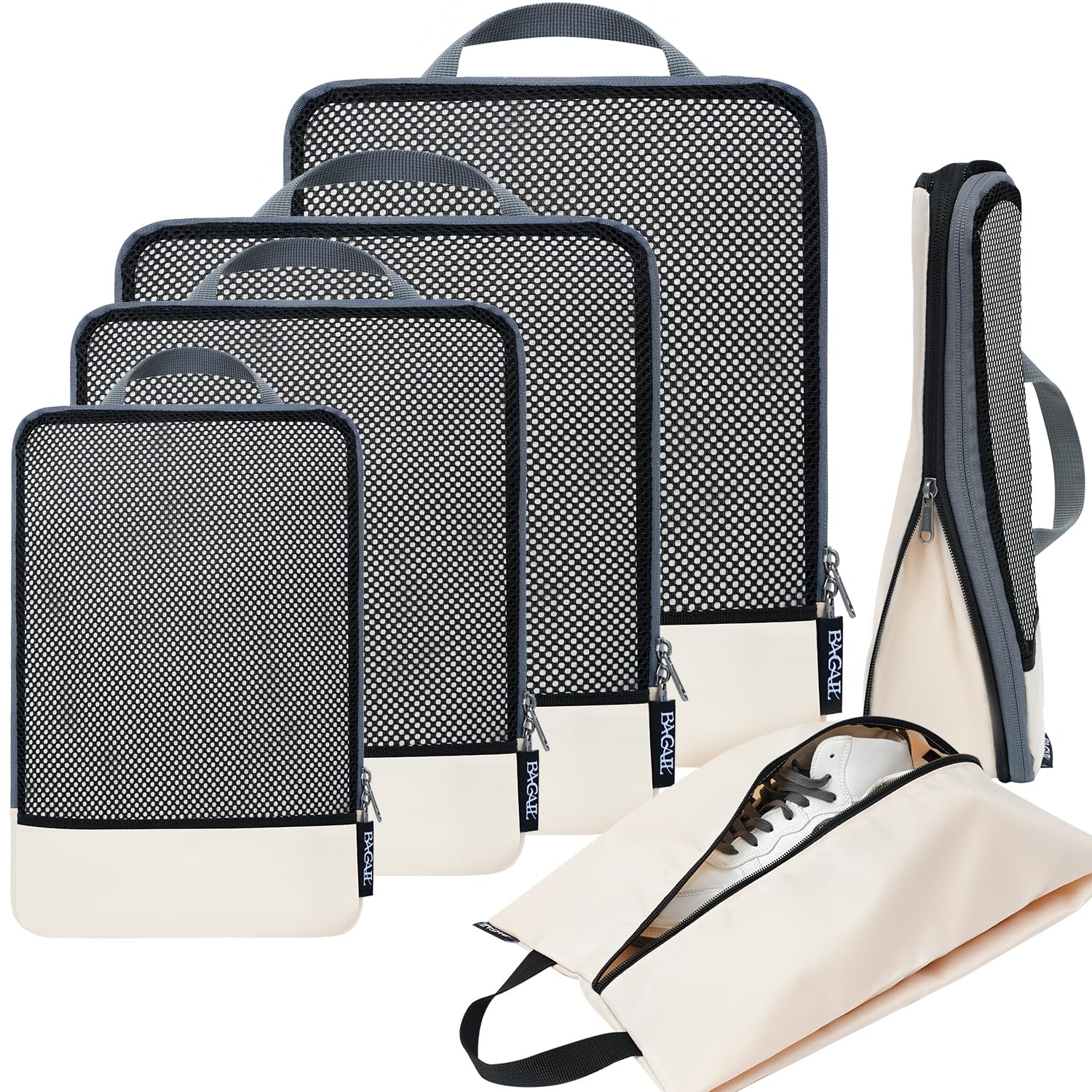 BAGAIL 4 Set/6 Set/8 Set Compression Packing Cubes Travel Accessories Expandable Packing Organizers (Half Mesh, 6-Black)