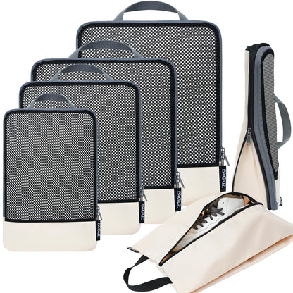 BAGAIL 4 Set/6 Set/8 Set Compression Packing Cubes Travel Accessories Expandable Packing Organizers (Half Mesh, 6-Black)