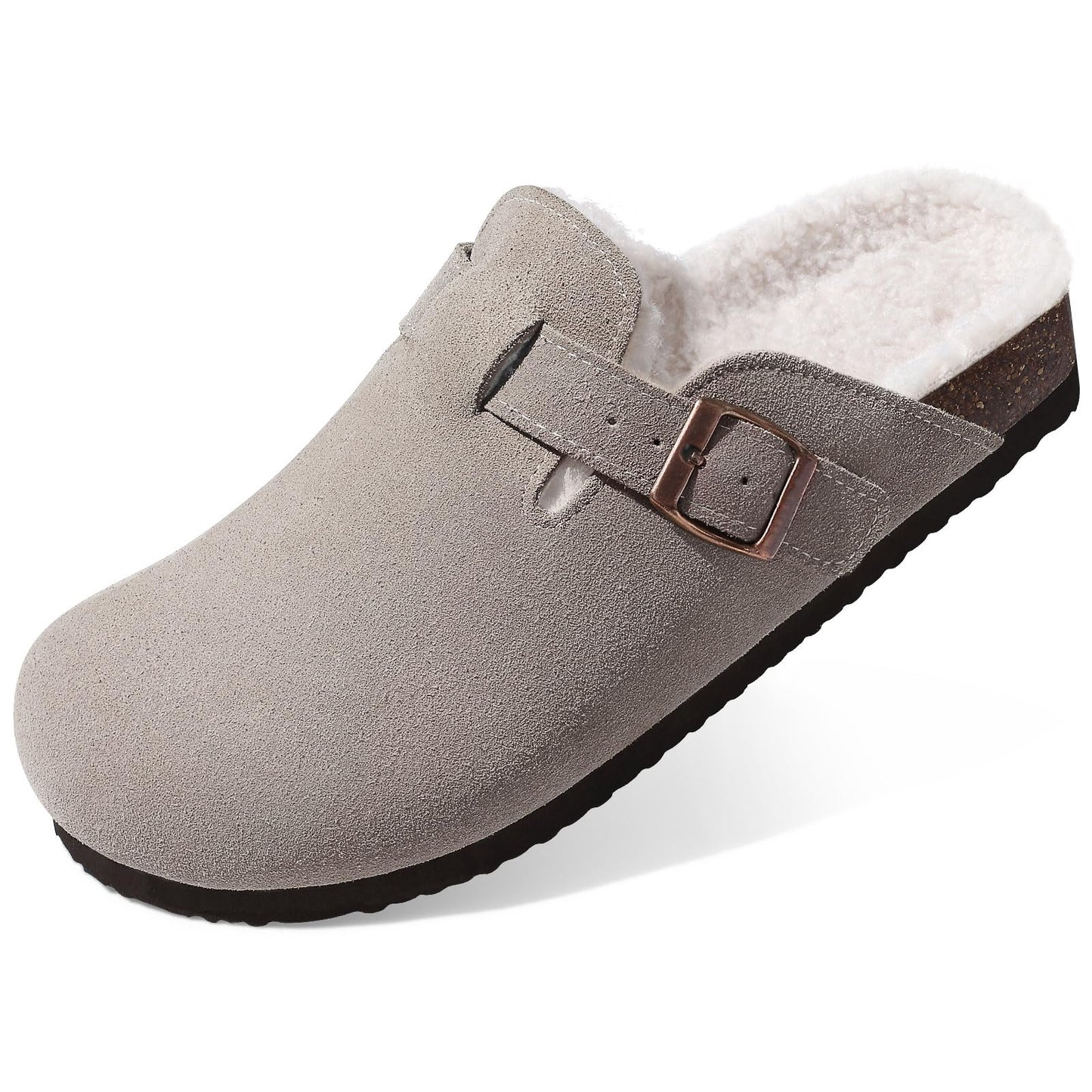 KIDMI Women's Fur Lined Suede Clogs Fuzzy Cork Footbed Mules Slip On Winter Potato Shoes