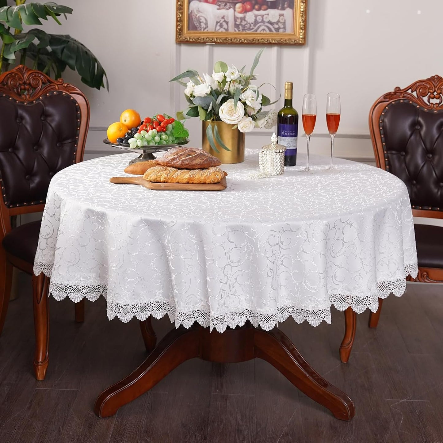 White Round Tablecloth Jacquard Table Cloth with Exquisite Lace Border Farmhouse Tablecloths Fall for Dining Wedding Coffee Outdoor Indoor Party Holiday Tabletop Use (White, 70 Inches Round)