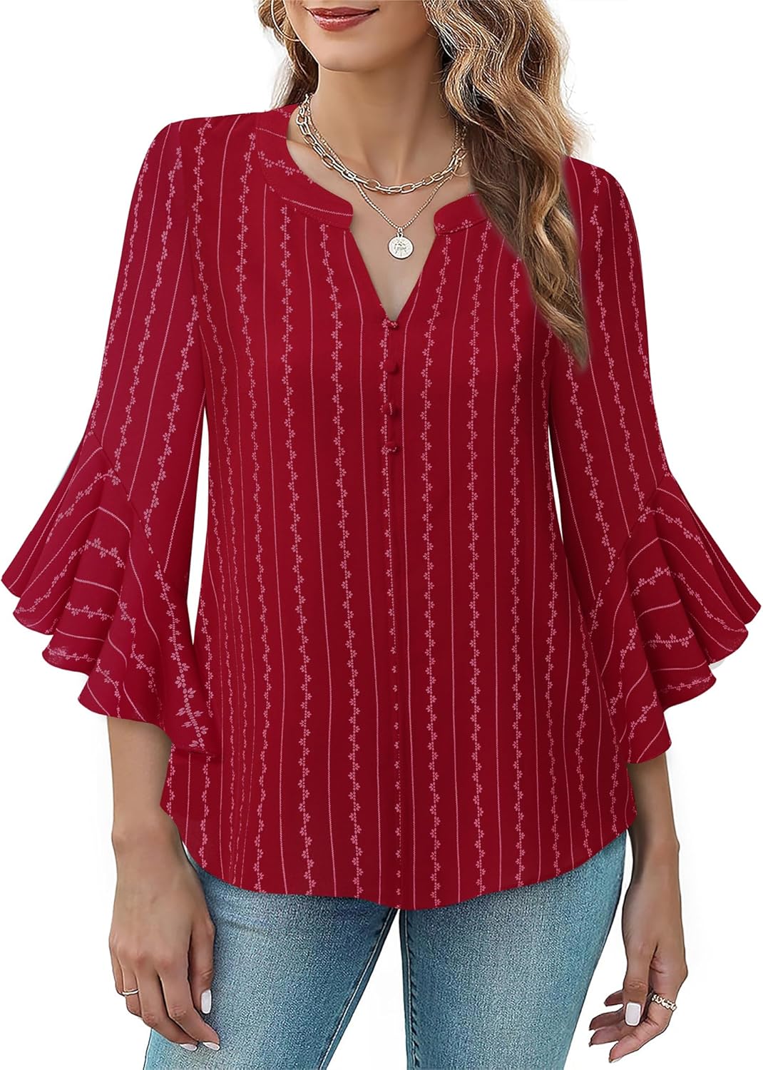 Bebonnie Womens Tops Dressy Casual Ruffle 3/4 Sleeve Henley V Neck Chiffon Blouses with Buttons