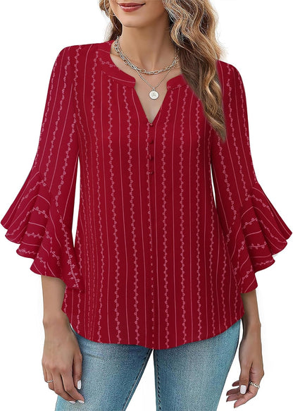 Bebonnie Womens Tops Dressy Casual Ruffle 3/4 Sleeve Henley V Neck Chiffon Blouses with Buttons