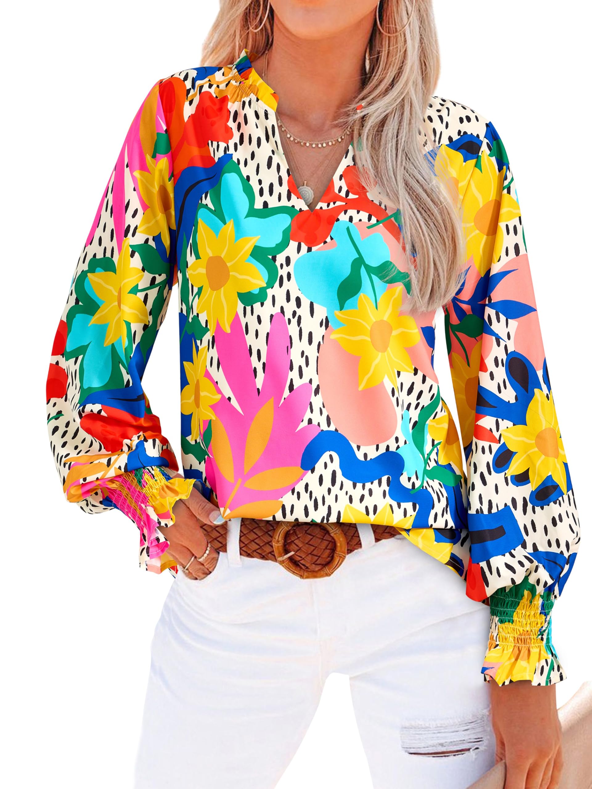 MASCOMODA Womens V Neck Floral Long Sleeve Tops 2025 Summer Casual Loose Puff Sleeve Chiffon Boho Work Blouse Dressy T Shirts