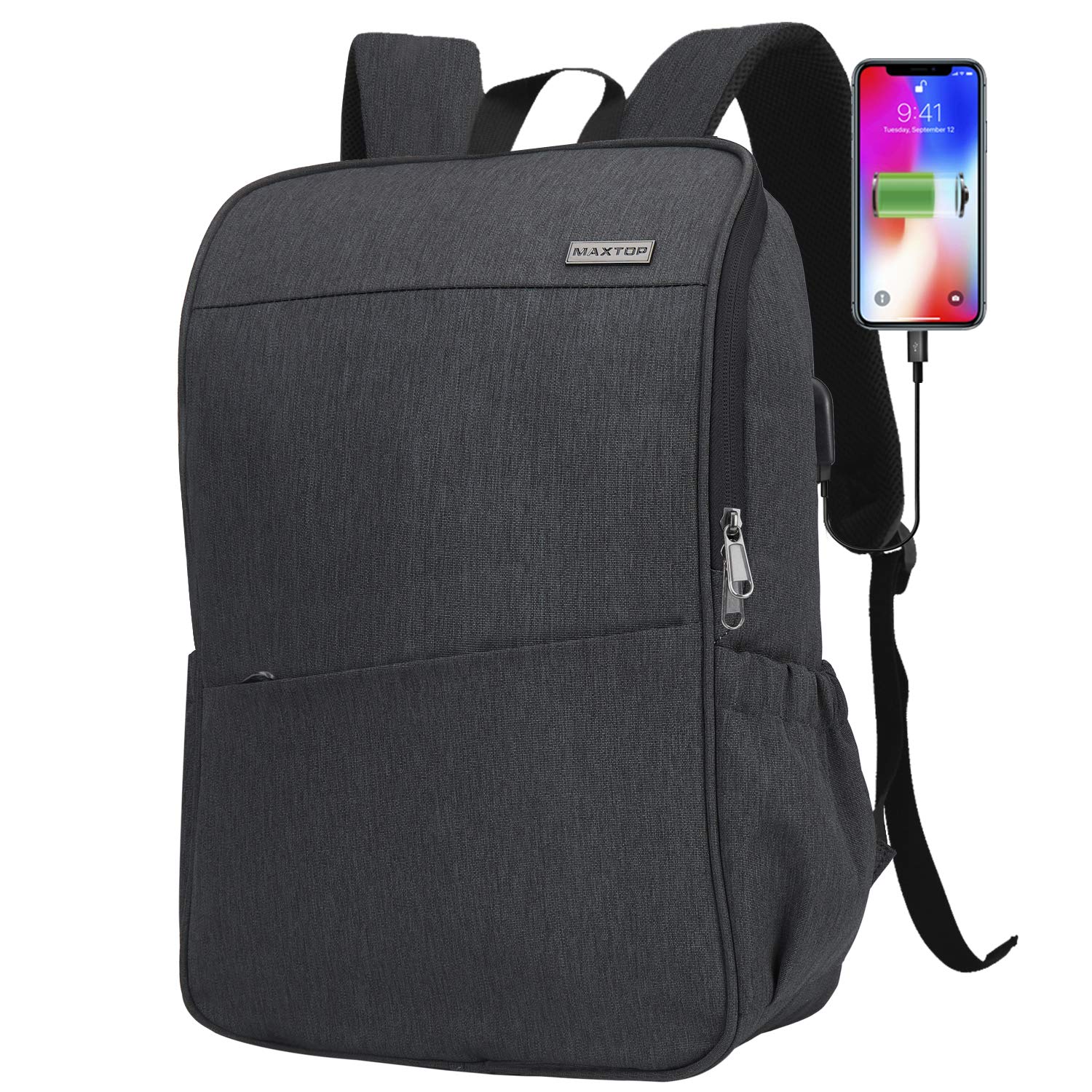 MAXTOP Deep Storage Laptop Backpack with USB Charging Port[Water Resistant] College Computer Bookbag Fits 15 Inch Laptop Black
