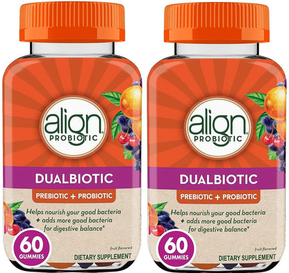 Align Dualbiotic, Prebiotics and Probiotics for Women and Men, Probiotics for Digestive Health, Prebiotics Help Nourish Good Bacteria, Natural Fruit Flavors, 60 Probiotic Gummies