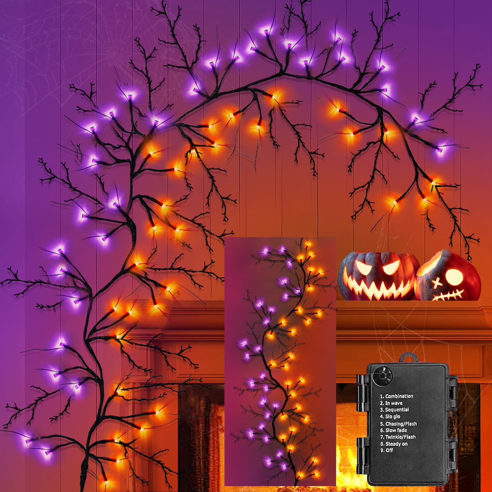 9 FT 72 LED Halloween Decorations Willow Vine Twig Decor with Orange Purple Lights and Dead Branches Black Leaves -Battery Operated 8 Modes for Indoor Wall Fireplace Halloween Decorations