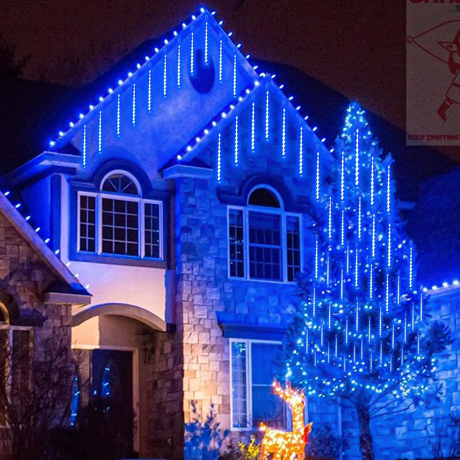 2 Pack Extendable Christmas Lights Decorations Outdoor, 16 Tubes 384 LEDs Meteor Shower Lights with Timer Cascading Falling Raindrop String Light Plug in for Holiday Graden Yard Tree Xmas Decor (Blue)