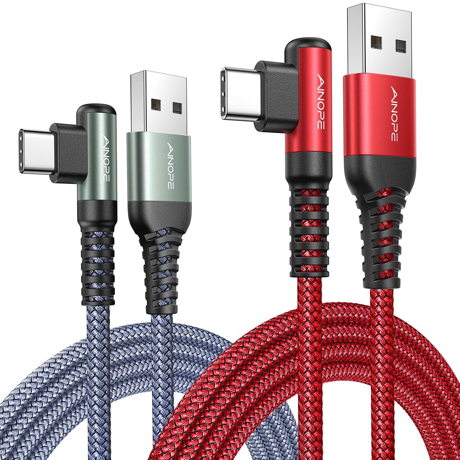 AINOPE USB C Cable [2-Pack, 6.6ft] 3.1A Type C Charger Fast Charging, Right Angle USB to USB C Cable Braided USBC Charger for Galaxy S10+ S10 S9, Note 10 9, LG V30, Moto, iPhone 16 15 Cord Type C