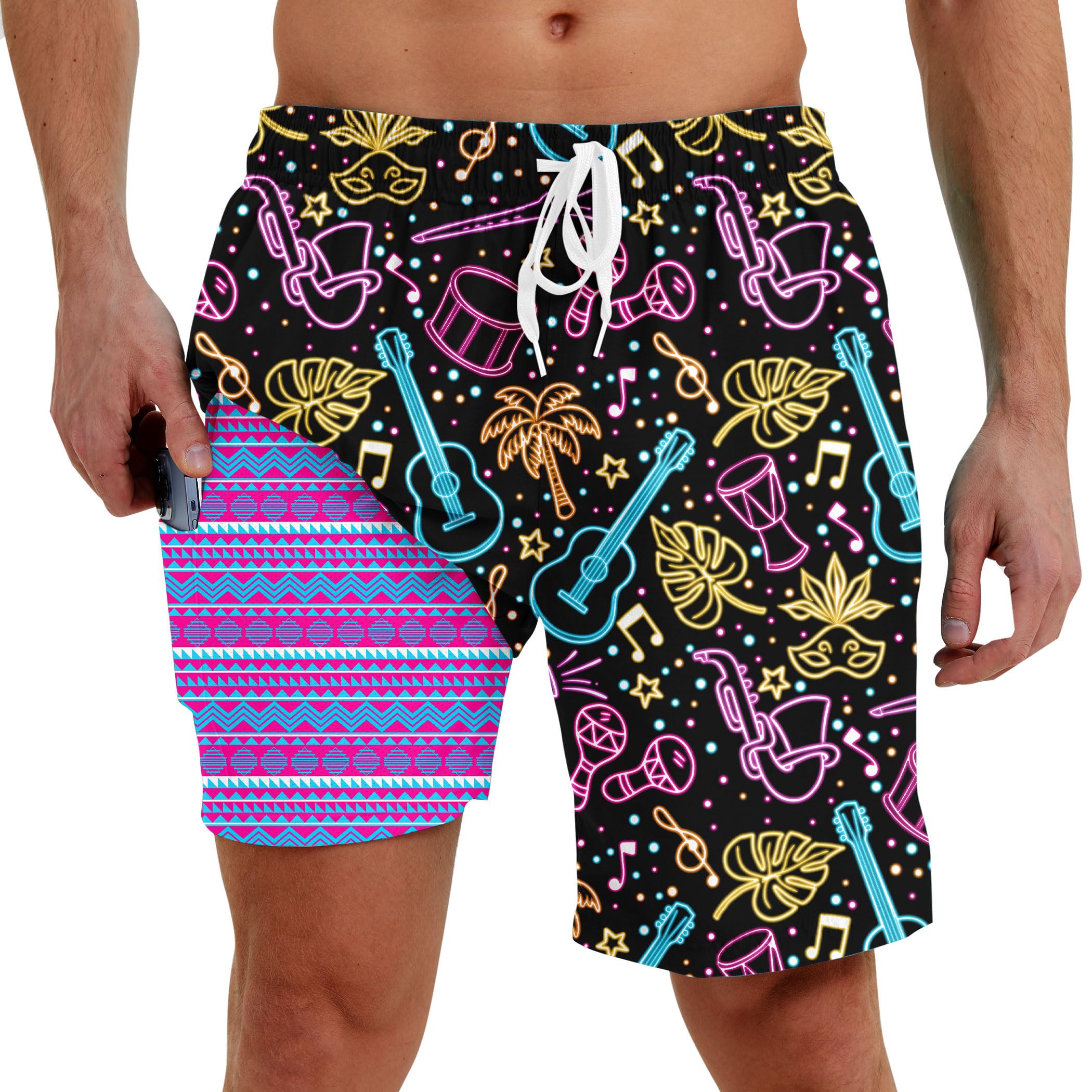 Men Swim Trunks with Compression Liner Men's 2 in 1 Bathing Suits 7 Inch Hawaiian Board Shorts