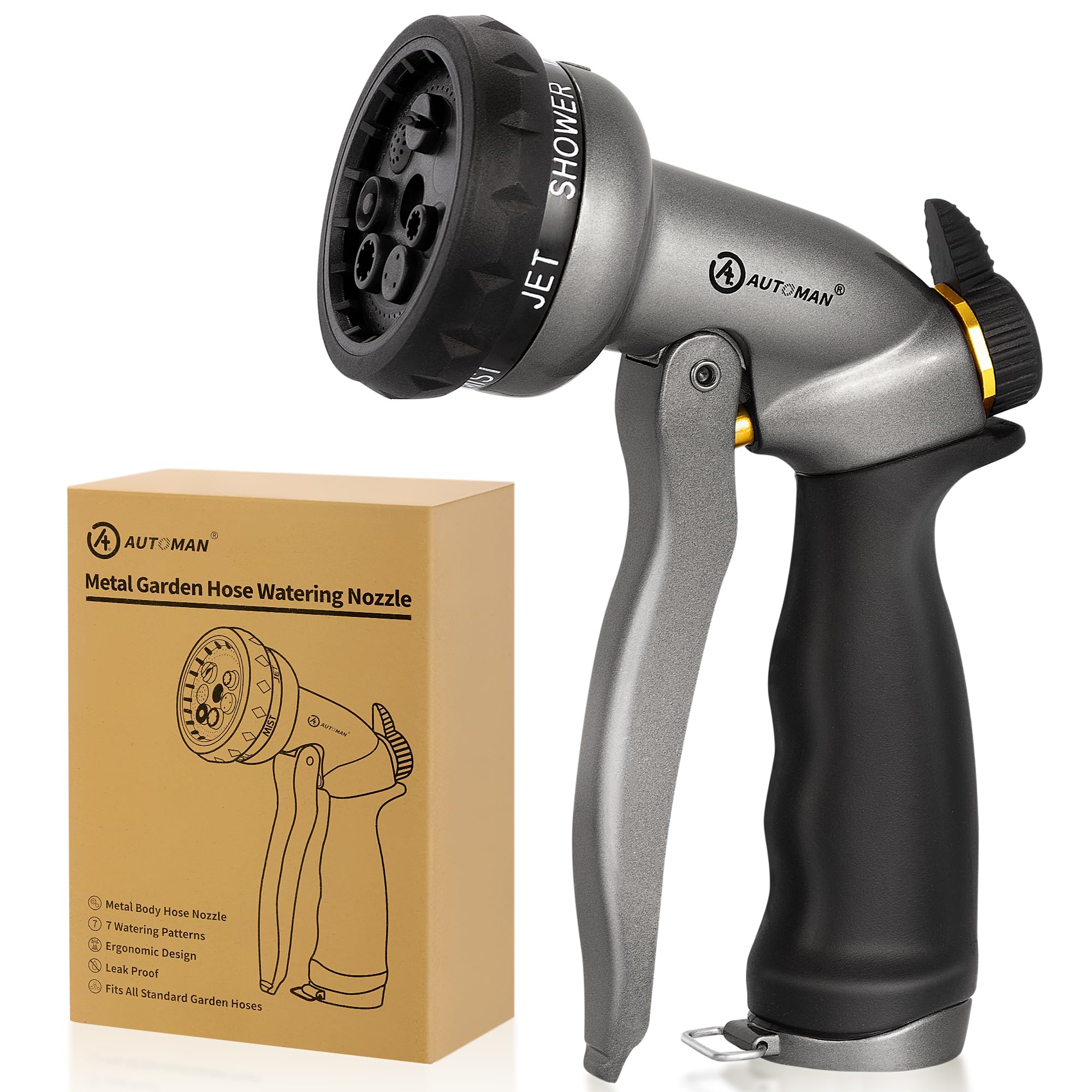 AUTOMAN-Garden-Hose-Nozzle, ABS Water Spray Nozzle with 7 Adjustable Watering Patterns, Slip Resistant for Watering Plants, Lawn& Garden, Washing Cars, Cleaning, Showering Pets & Outdoor Fun.