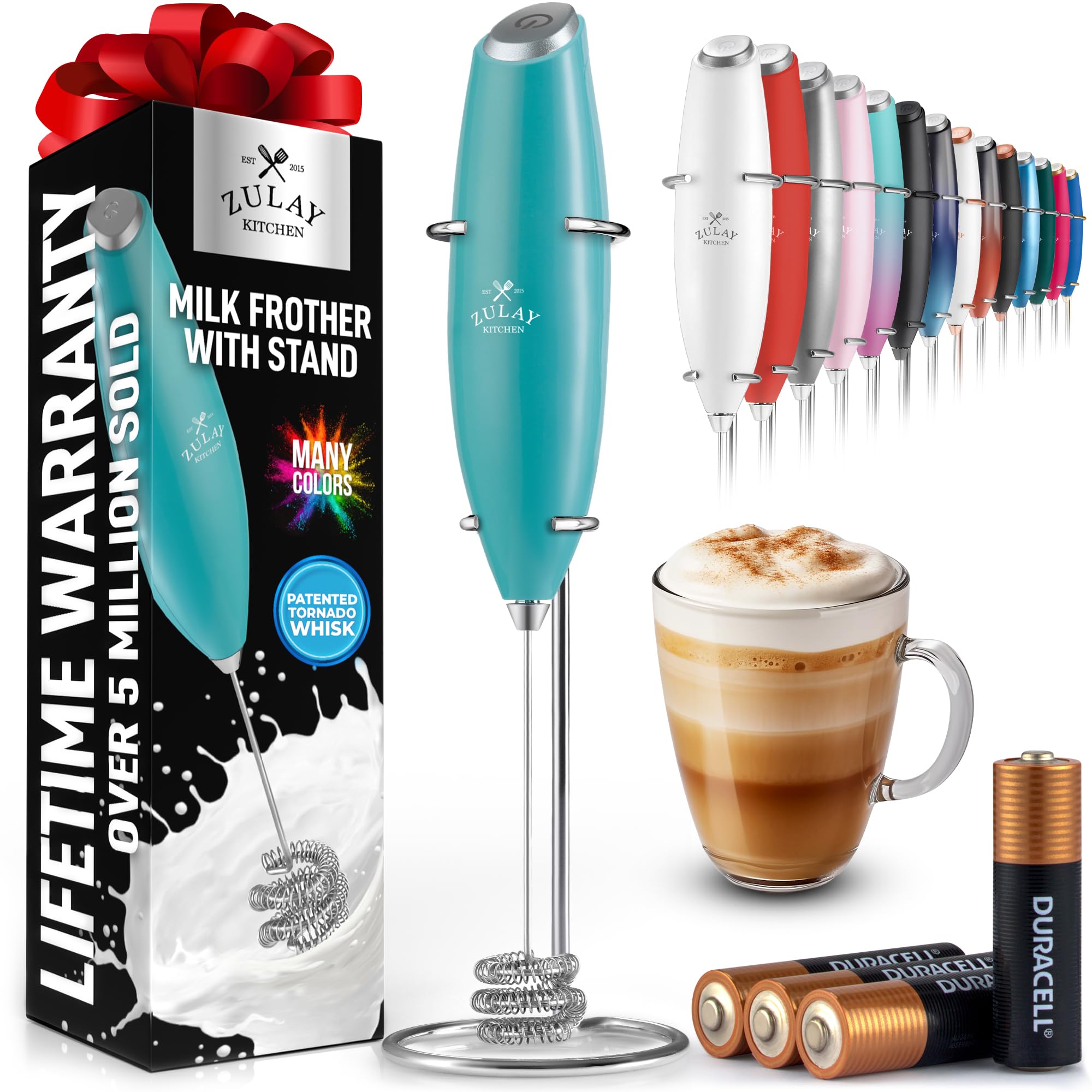 Zulay Kitchen Powerful Milk Frother Wand With 2 Duracell Batteries - Ultra Fast Handheld Drink Mixer - Electric Whisk Foam Maker for Coffee, Lattes, Cappuccino, Matcha, Hot Chocolate & Creamer - Black