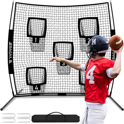 BAGAIL Football Throwing Net - 9 Target Pockets, Easy Setup, Heavy-Duty - Portable QB Accuracy Trainer, Fun Target Practice Net for Football with Carry Bag