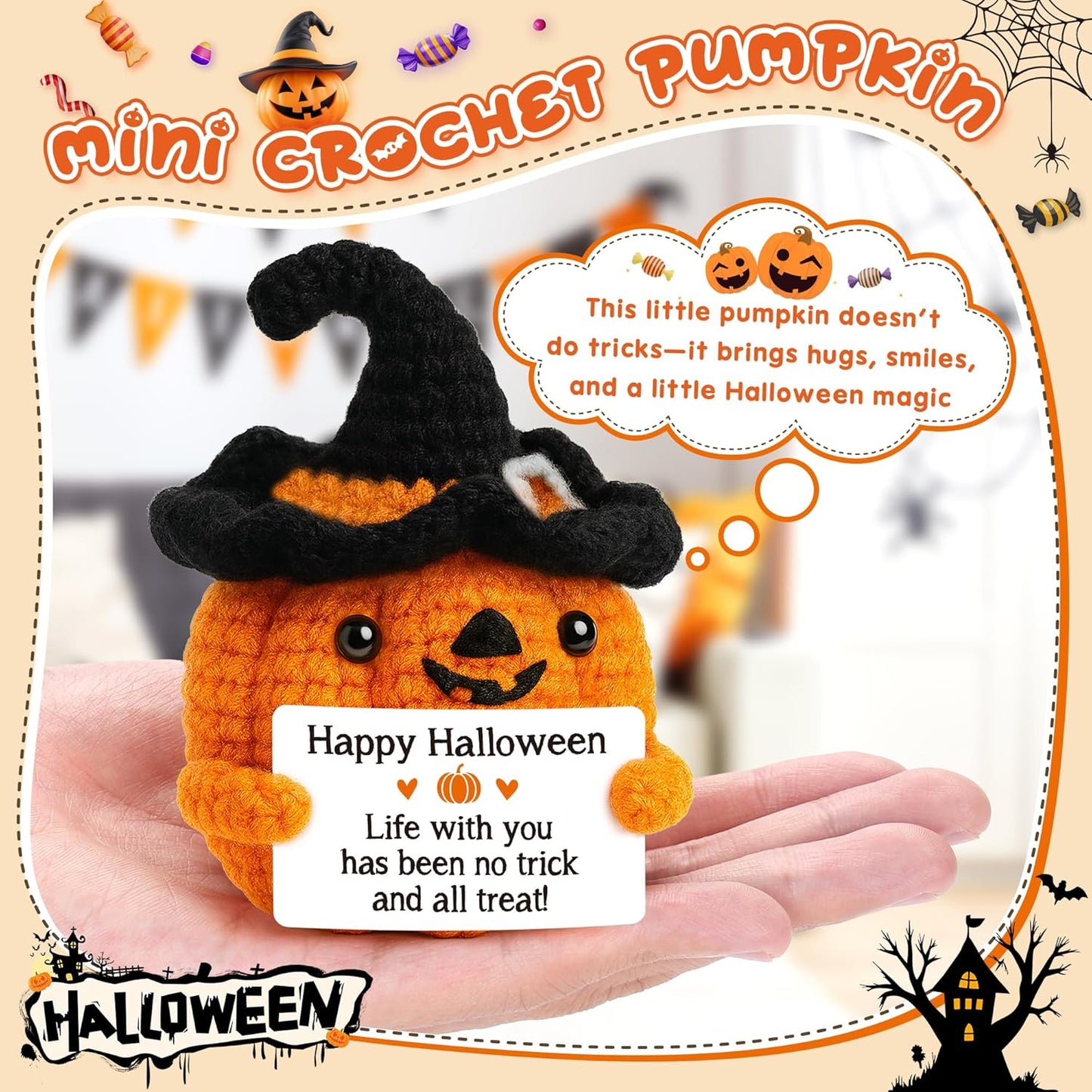 BdayPtion Mini Pumpkin Halloween Boo Basket Stuffers Gifts for Kid Women Men Spooky Halloween Decorations Indoor Gifts for Teen Girl Boy, Thanksgiving Decorations, Handmade Crochet Pumpkin Decor