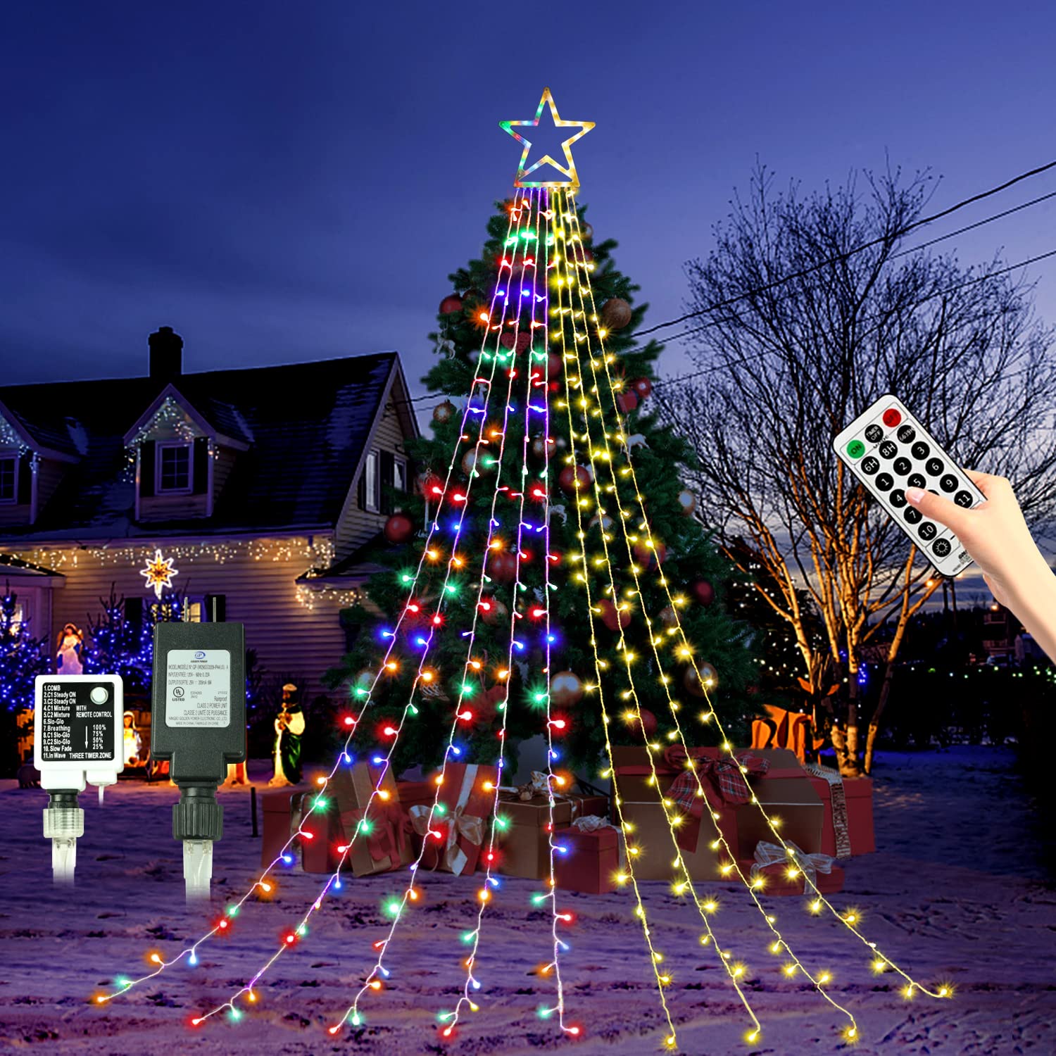 PUHONG Christmas Decoration Outdoor Star String Lights, 16.4Ft Christmas Tree Toppers Lights 320 LED 8 Modes with 12" Lighted Star for Halloween Christmas New Year Holiday Birthday (Multicolored)