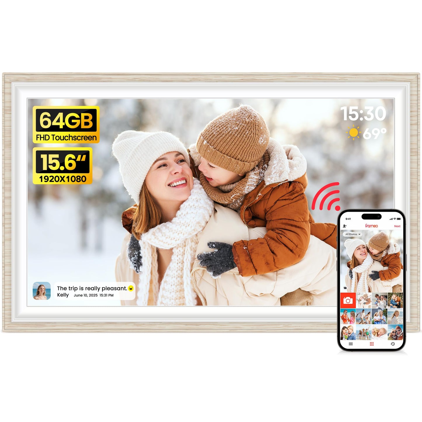 64GB 15.6" Frameo Digital Picture Frame WiFi, Large Electronic Photo Frames 1920 x 1080 IPS FHD Touch Screen, Send Photos from Your Phone from Anywhere, Best Gifts for Parents and Grandparents