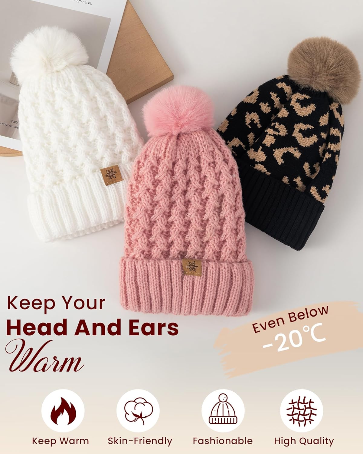 Trifabricy Womens Winter Hat Knit Crossed Cap Beanie Hats for Women Soft Warm Lined with Faxu Fur Pom Poms for Cold Weather