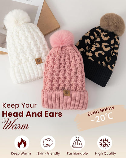 Trifabricy Womens Winter Hat Knit Crossed Cap Beanie Hats for Women Soft Warm Lined with Faxu Fur Pom Poms for Cold Weather