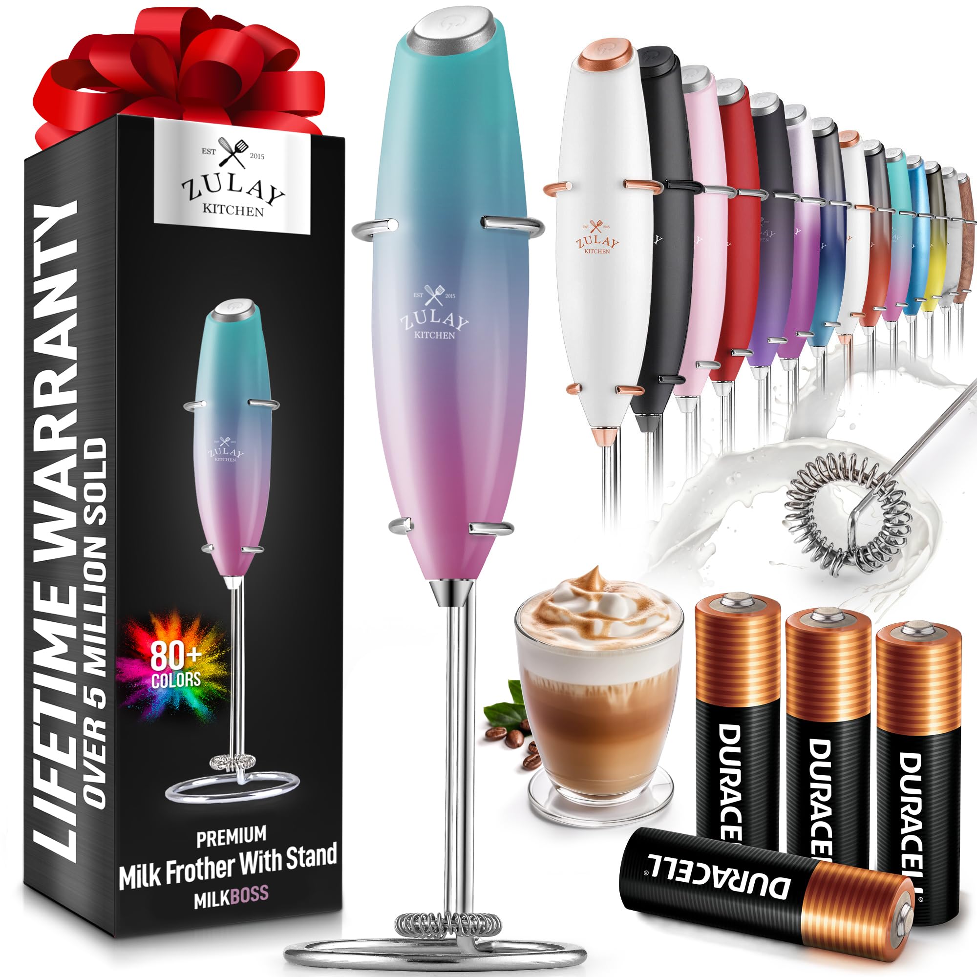 Zulay Kitchen Powerful Milk Frother Wand With 2 Duracell Batteries - Ultra Fast Handheld Drink Mixer - Electric Whisk Foam Maker for Coffee, Lattes, Cappuccino, Matcha, Hot Chocolate & Creamer - Black