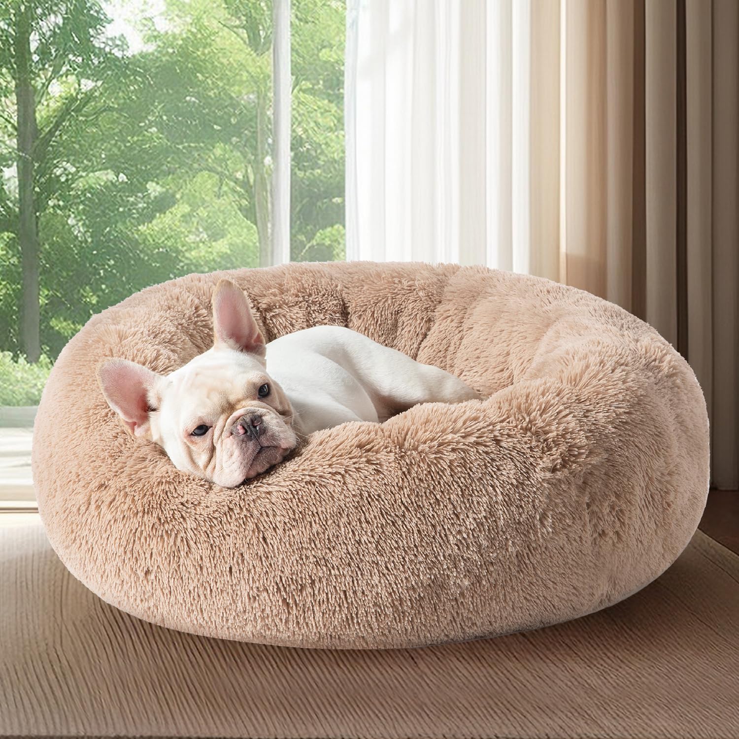 Bedsure Calming Dog Bed for Small Dogs - Donut Washable Small Pet Bed, 23 inches Anti-Slip Round Fluffy Plush Faux Fur Large Cat Bed, Fits up to 25 lbs Pets, Camel