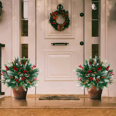 2 Pack Lighted Artificial Christmas Urn Filler, Battery Operated Pre-lit Xmas Pine Trees, Tripod Stake and 60 LED Lights, Holiday Porch Decorations for Porch, Yard, Garden, Flower Beds（Multicolor）