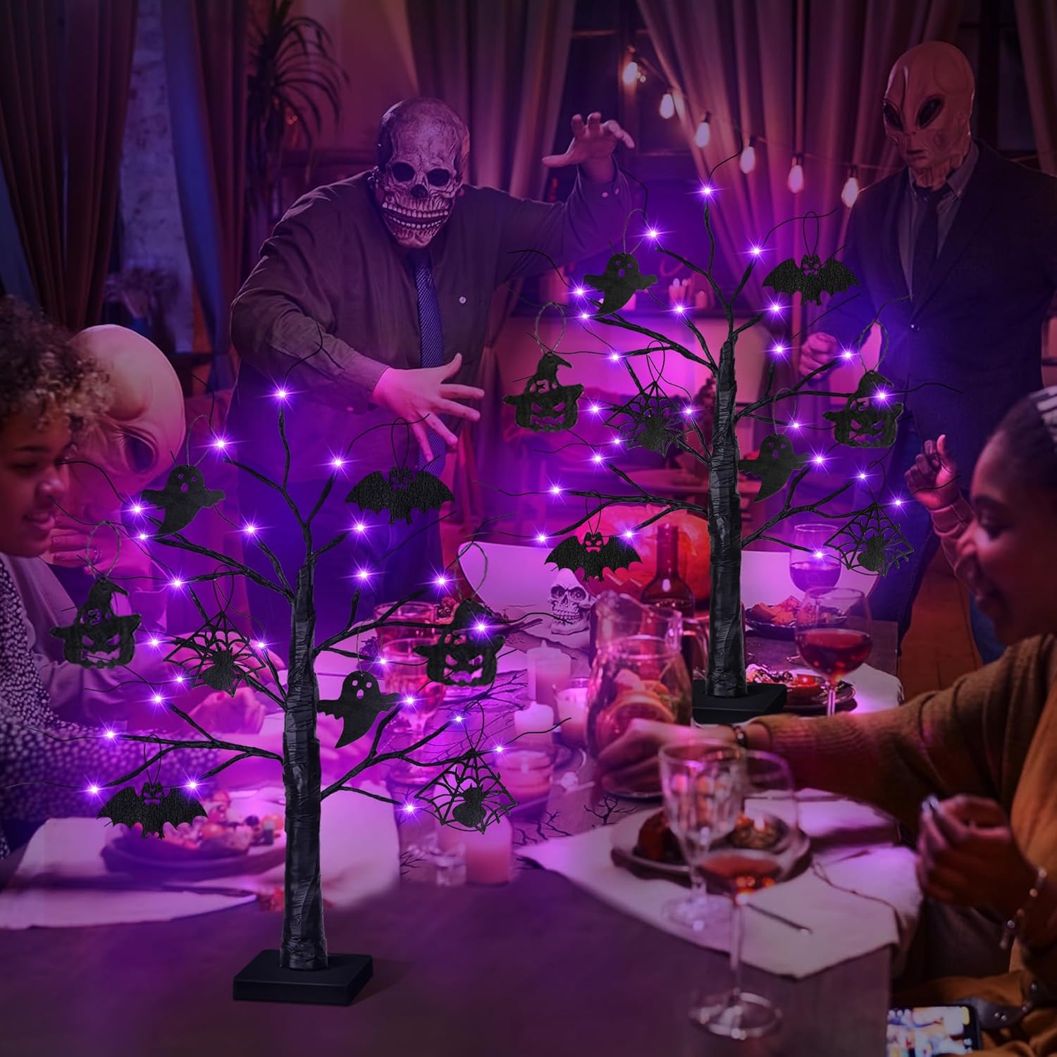 2 Pack 24 Inch Black Halloween Tree with 24 LED Purple Lights, Timer/USB/Battery Operated Halloween Table Decorations Lighted Tree, Cute Halloween Decorations Indoor Home Decor Party Room