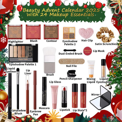 Makeup Advent Calendar 2025, 24 Days Christmas Countdown Calendar Gift Set for Adult Women Teen Girls, Xmas Holiday Beauty & Cosmetic Surprise Make up Kit for Women Full Kit