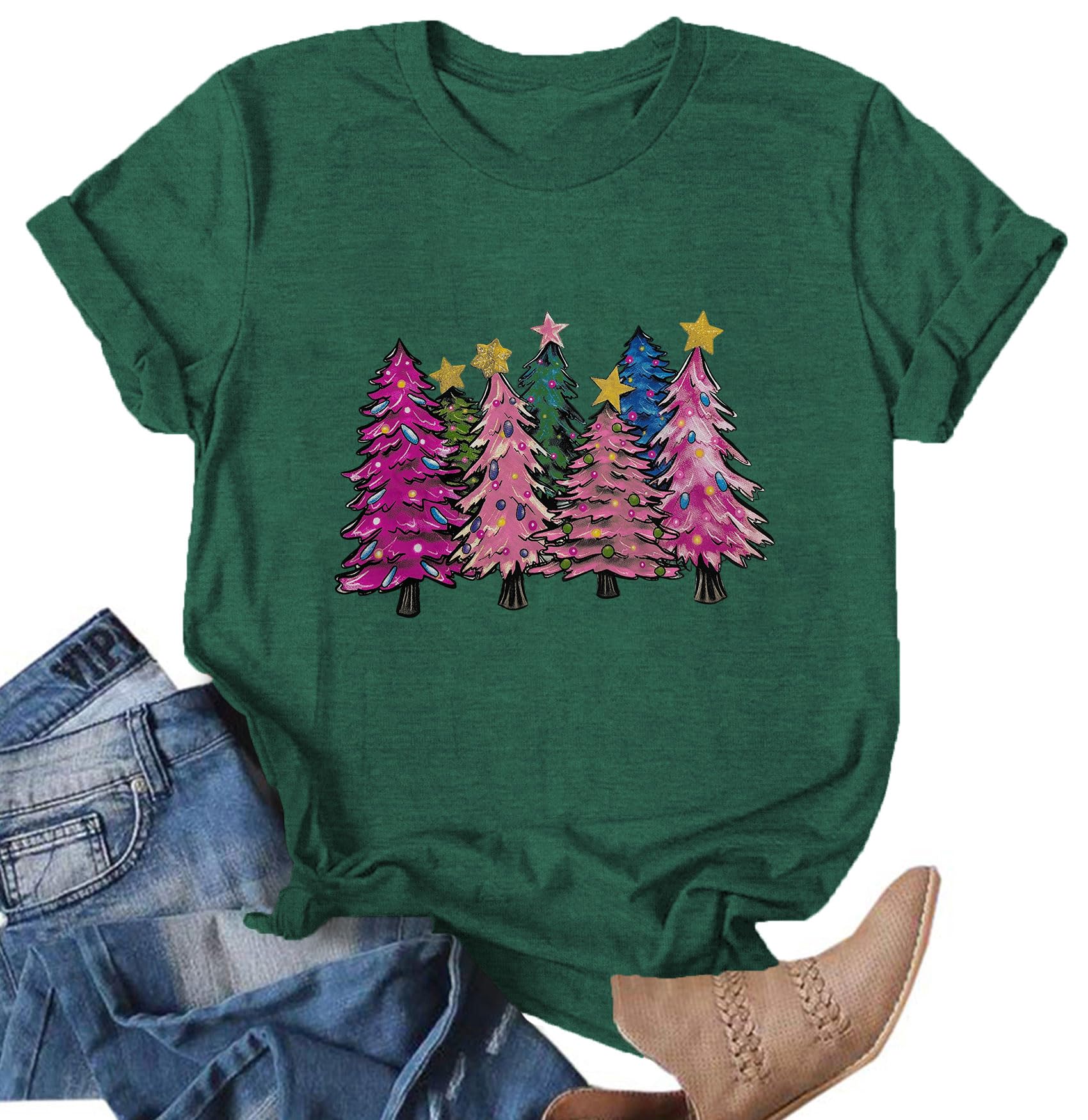 Christmas Shirts for Women:Merry Christmas T-Shirt Xmas Tree Casual Short Sleeve Tee Tops