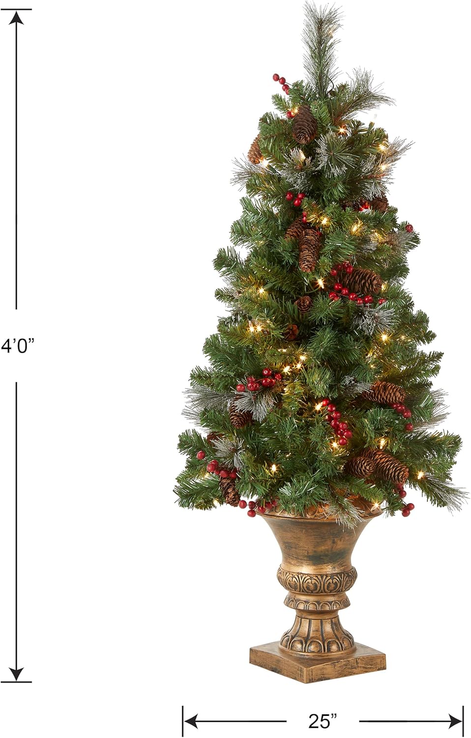 National Tree Company 4 ft Pre-Lit Crestwood Spruce Mini Artificial Christmas Entrance Tree, 100 Clear Lights, 230 Tips, Glitter, Pinecones, Red Berries, Gold Rubbed Pedestal Base, Green