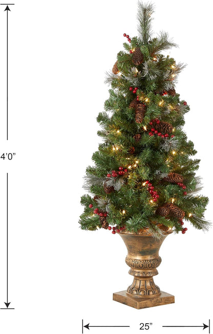 National Tree Company 4 ft Pre-Lit Crestwood Spruce Mini Artificial Christmas Entrance Tree, 100 Clear Lights, 230 Tips, Glitter, Pinecones, Red Berries, Gold Rubbed Pedestal Base, Green