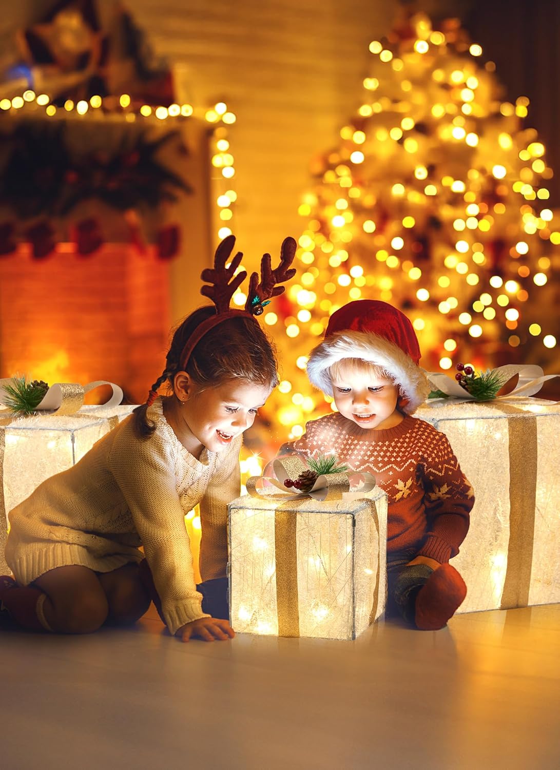 3 Pieces Lighted Gift Boxes Christmas Decorations, 12in 10in 8in with 60 Pre-Strung Mini String Lights, Foldable Light up Present Boxes for Indoor Outdoor Holiday Party Christmas Yard Home Art Decor