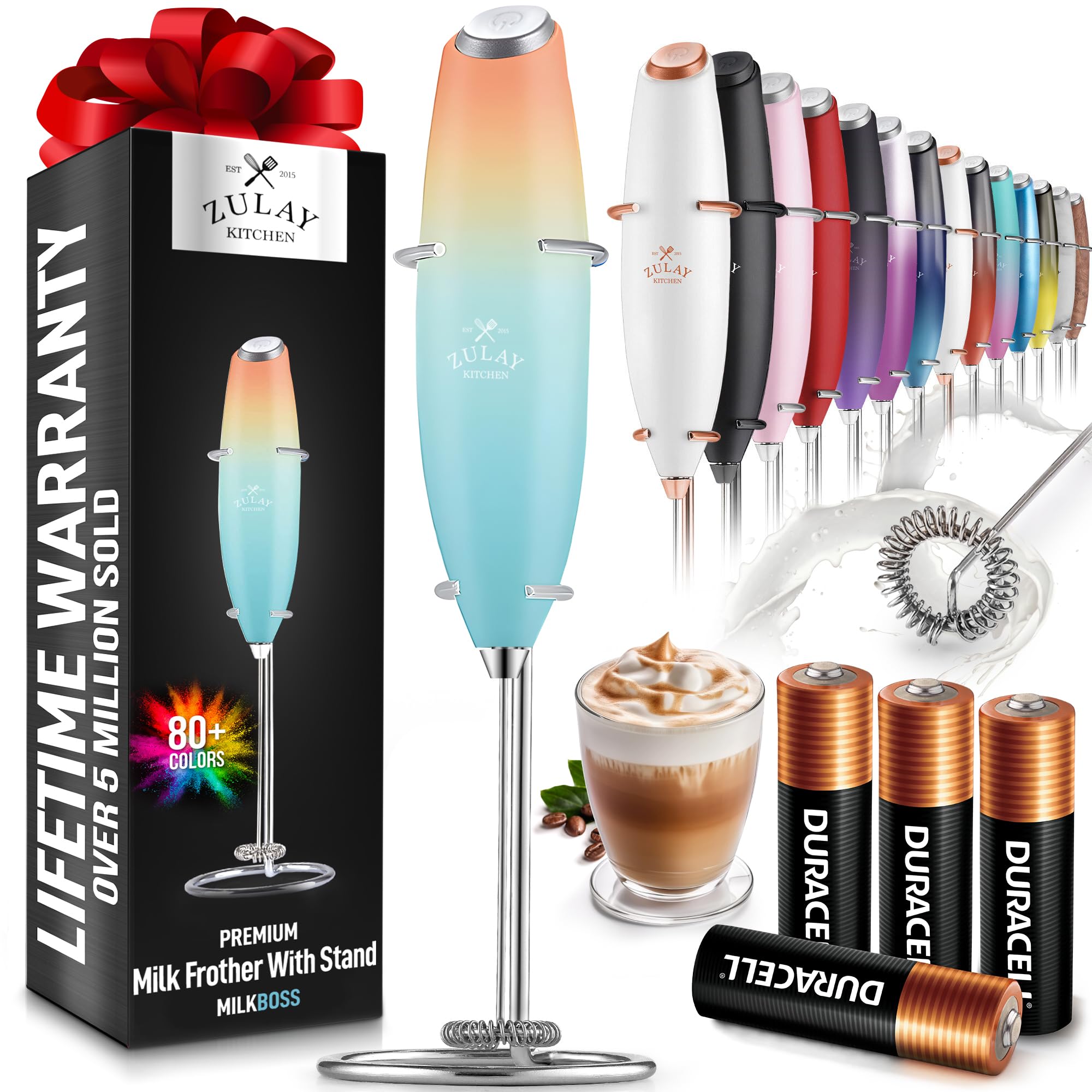Zulay Kitchen Powerful Milk Frother Wand With 2 Duracell Batteries - Ultra Fast Handheld Drink Mixer - Electric Whisk Foam Maker for Coffee, Lattes, Cappuccino, Matcha, Hot Chocolate & Creamer - Black