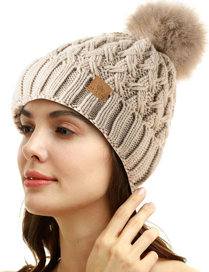 PAGE ONE Womens Winter Ribbed Beanie Crossed Cap Chunky Cable Knit Pompom Soft Warm Hat