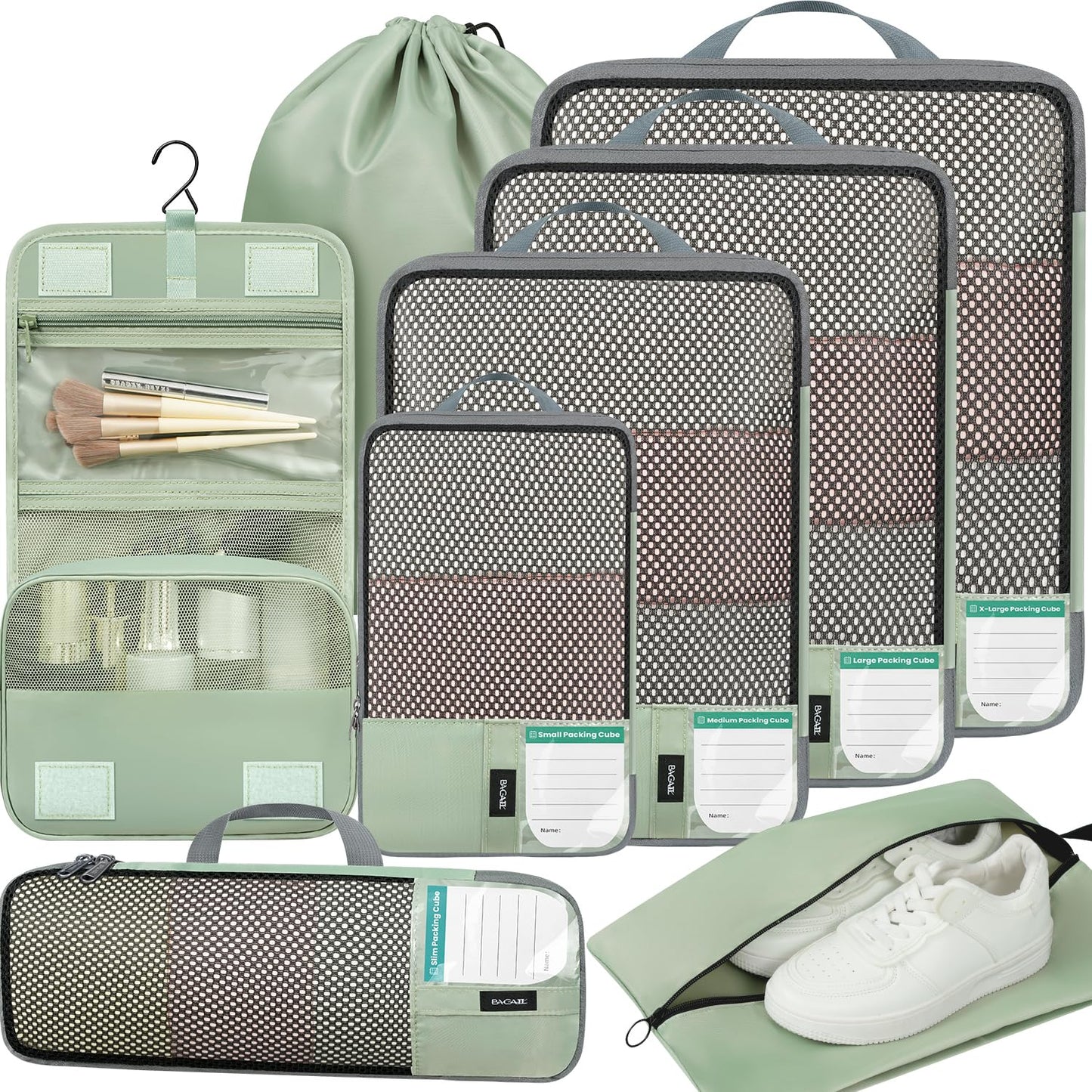 BAGAIL 4 Set/6 Set/8 Set Compression Packing Cubes Travel Accessories Expandable Packing Organizers (Half Mesh, 6-Black)