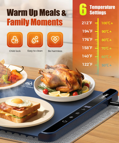 Food Warming Mat with Heat-Resistant Pad, 26X15 Inch, 6 Temperature & 6 Timer Settings, Child Lock Safety,Food Warmer Chafing Dishes for Buffet,Gatherings,Parties,Everyday Use
