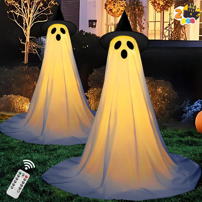 JOYIN 2 Packs 47'' Halloween Decorations Outdoor Standing Ghost, Light Up Spooky Ghost with Witch Hat & Remote Control, Glowing Halloween Decor for Yard Porch Lawn Garden Party Supplies Haunted House