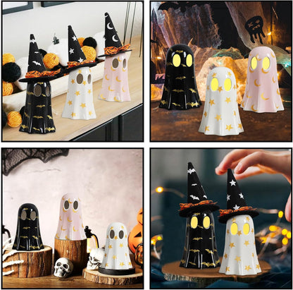 DAZONGE Halloween Decor Indoor, Set of 3 Ceramic Ghosts with Witch Hats, Cute Spooky Ghost Figurines for Mantel, Shelf & Tabletop Decor, Halloween Decorations