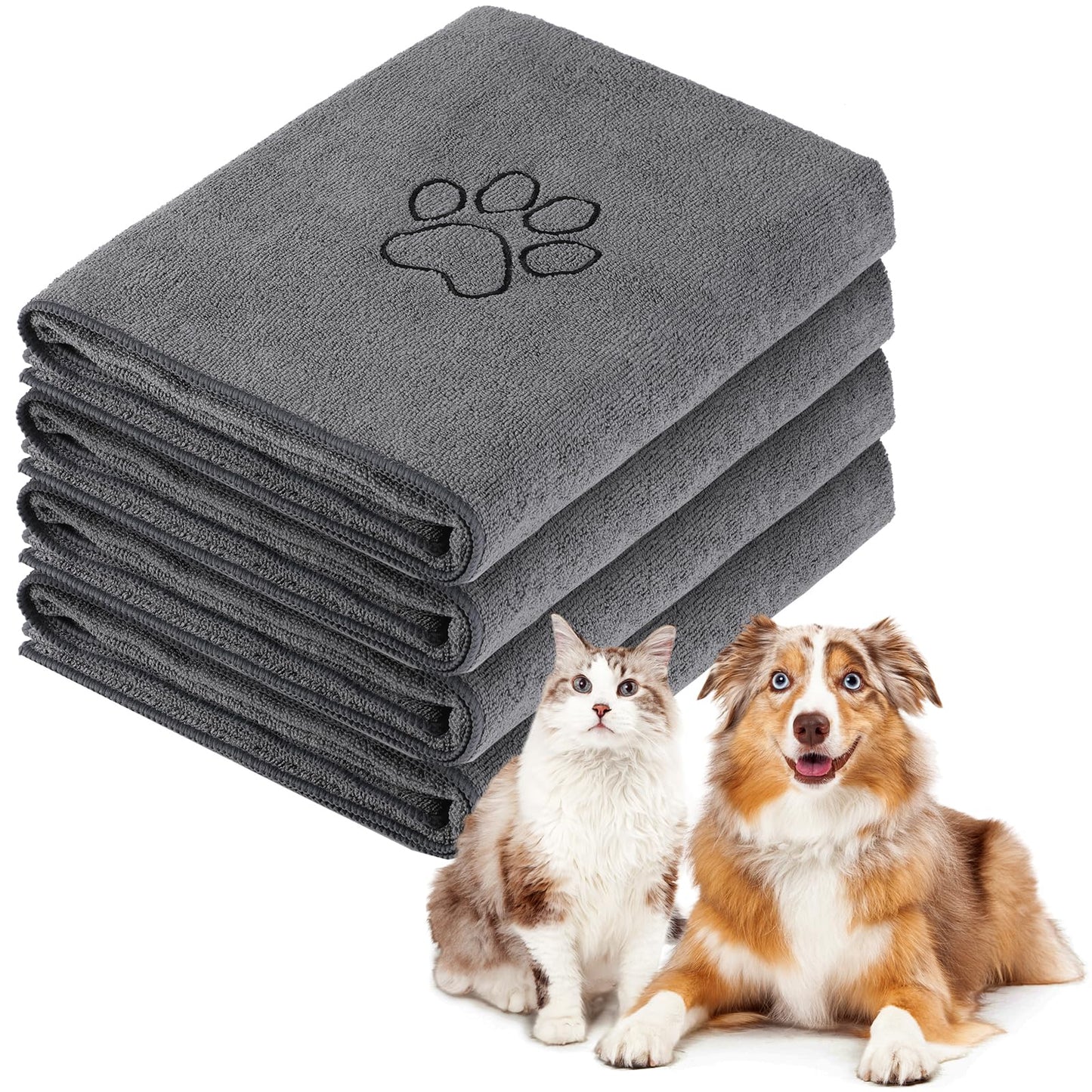 Chumia 4 Pack Dog Towels for Drying Large Microfiber Grooming Tools Absorbent Soft Bath Supplies with Embroidered Paw for Small Medium Pet Products(16 x 32 Inch,Blue)