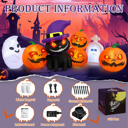 MICOCAH Halloween Inflatables Outdoor Decorations 8 FT Long Funny Pumpkin Black Cat Blow Up Lanterns Built-in LED Lights with Ghost Tombstone Scary Yard Decoration for Holiday Party Outside Lawn