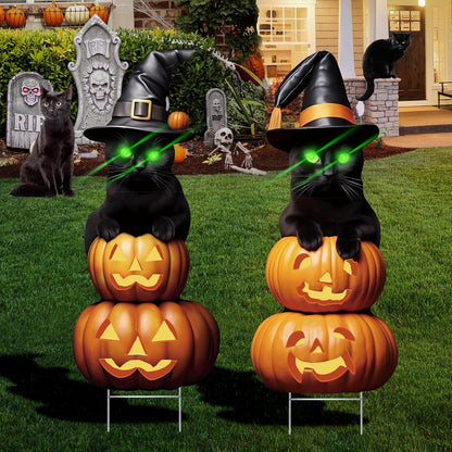 2Pcs 4.0FT Black Cat Halloween Decorations Outdoor- Plastic Yard Signs With Stakes, Spooky Pumpkin Outdoor Decor, Scary Silhouette With Glow in Dark Eyes for Yard, Lawn, Garden