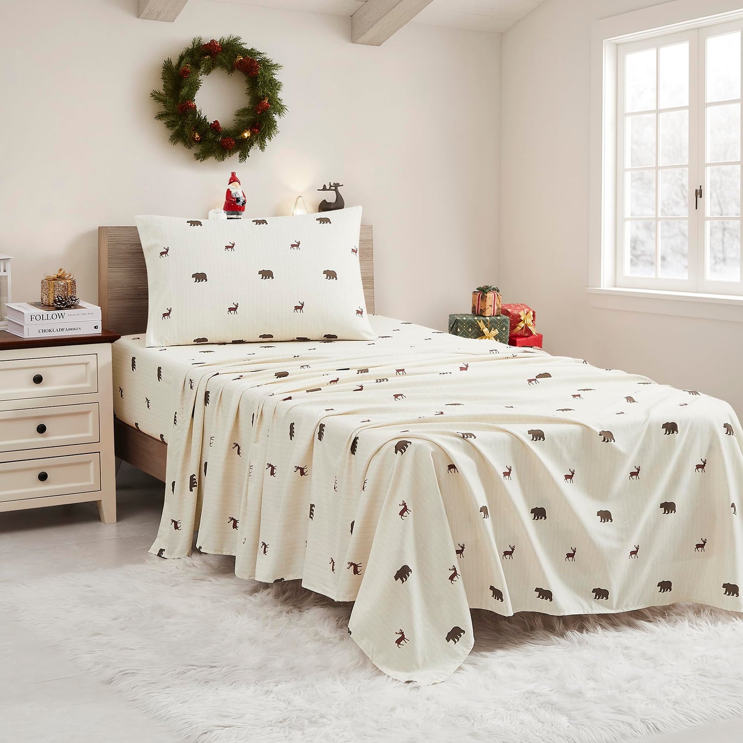 Christmas Sheets King Size with Built‑in Sheet Straps – Cozy Christmas Bedding for Holiday Cheer & Winter Dreams – Soft, Snug Sleep for Seasonal Celebrations, Polar Bear & Reindeer