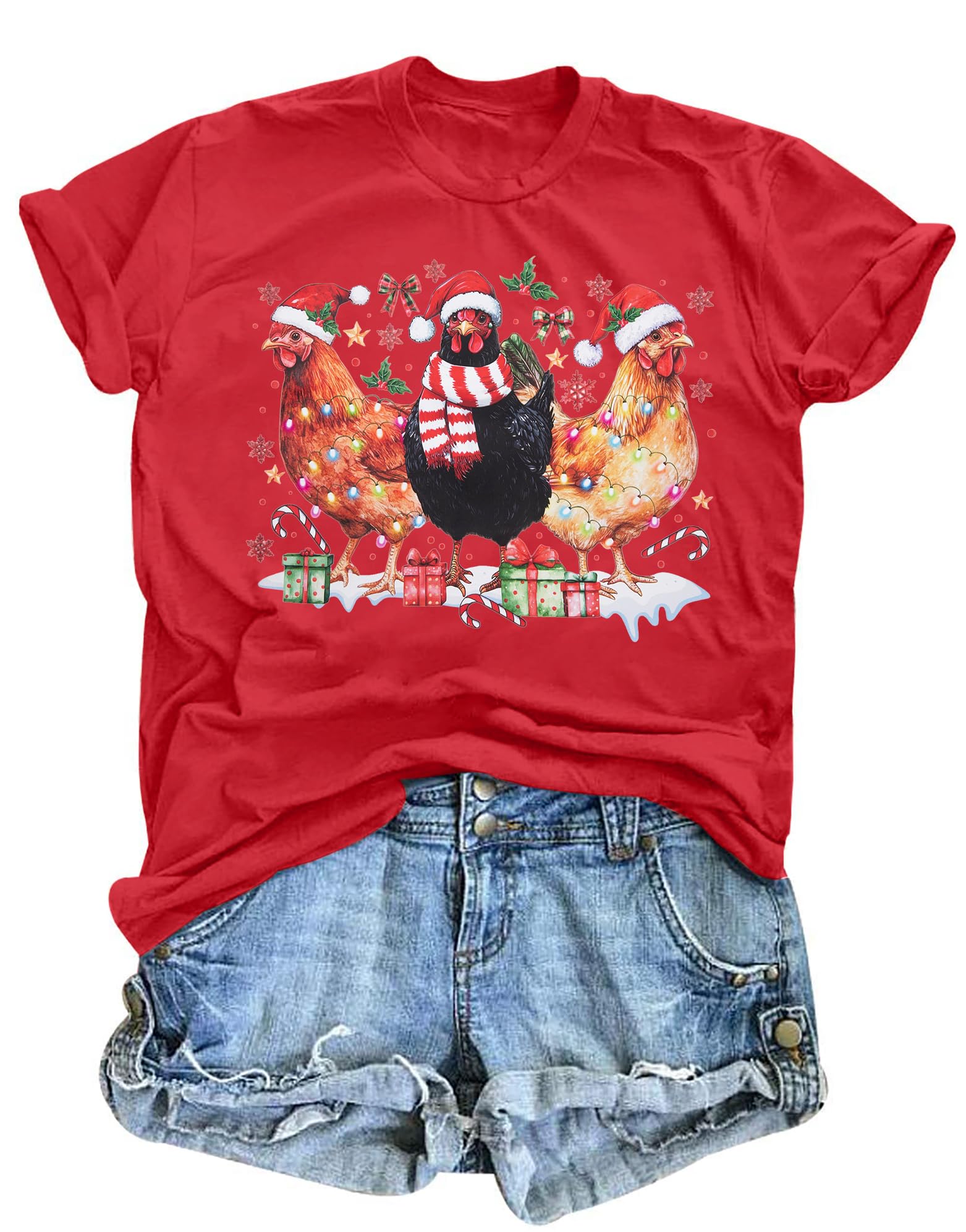 Christmas Chicken Shirt Women: Chicken Mom Tshirt Chicken Lover Cute Animal Graphic Tee Country Farm Holiday Tops