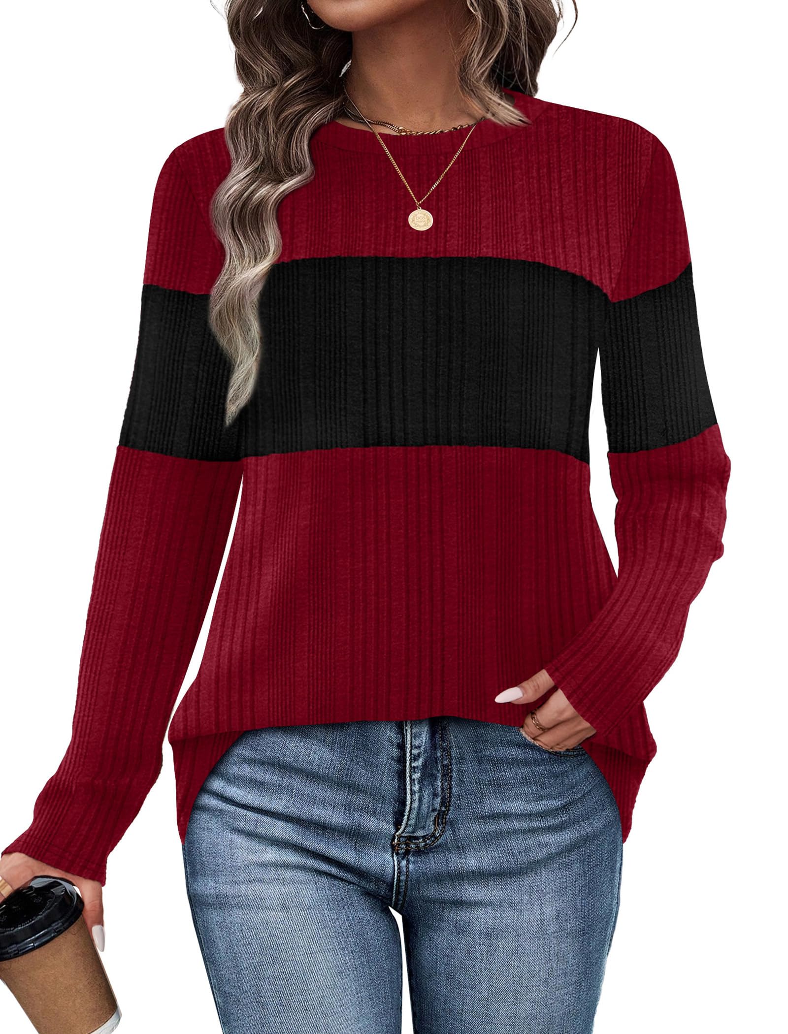 WIHOLL Womens Sweaters Trendy Color Block Tops Long Sleeve Shirts Fall Outfits Early Fall Fashion 2025 Winter Clothing