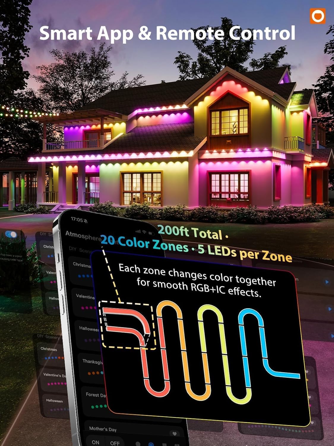addlon 400FT(200FT*2) Permanent Outdoor Lights, Smart RGB+IC LED Lights for House & Outdoor Decor, App & Remote Control, DIY Scene Modes, IP67 Waterproof for Christmas, Holiday, Party Decorations